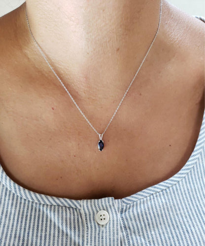 14Kt Gold Blue Sapphire Marquise Pendant Necklace