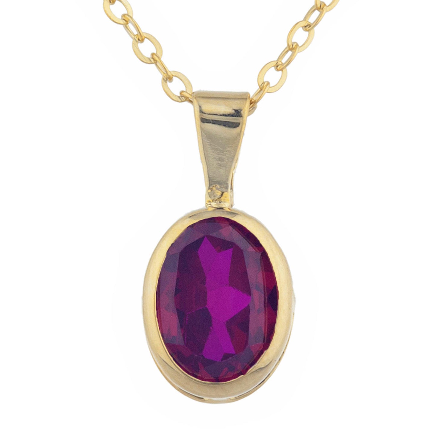 14Kt Gold Created Ruby Oval Bezel Pendant Necklace