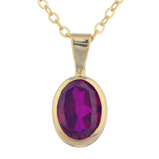 14Kt Gold Created Ruby Oval Bezel Pendant Necklace