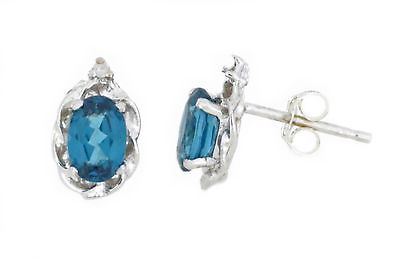 1 Ct London Blue Topaz & Diamond Oval Stud Earrings .925 Sterling Silver