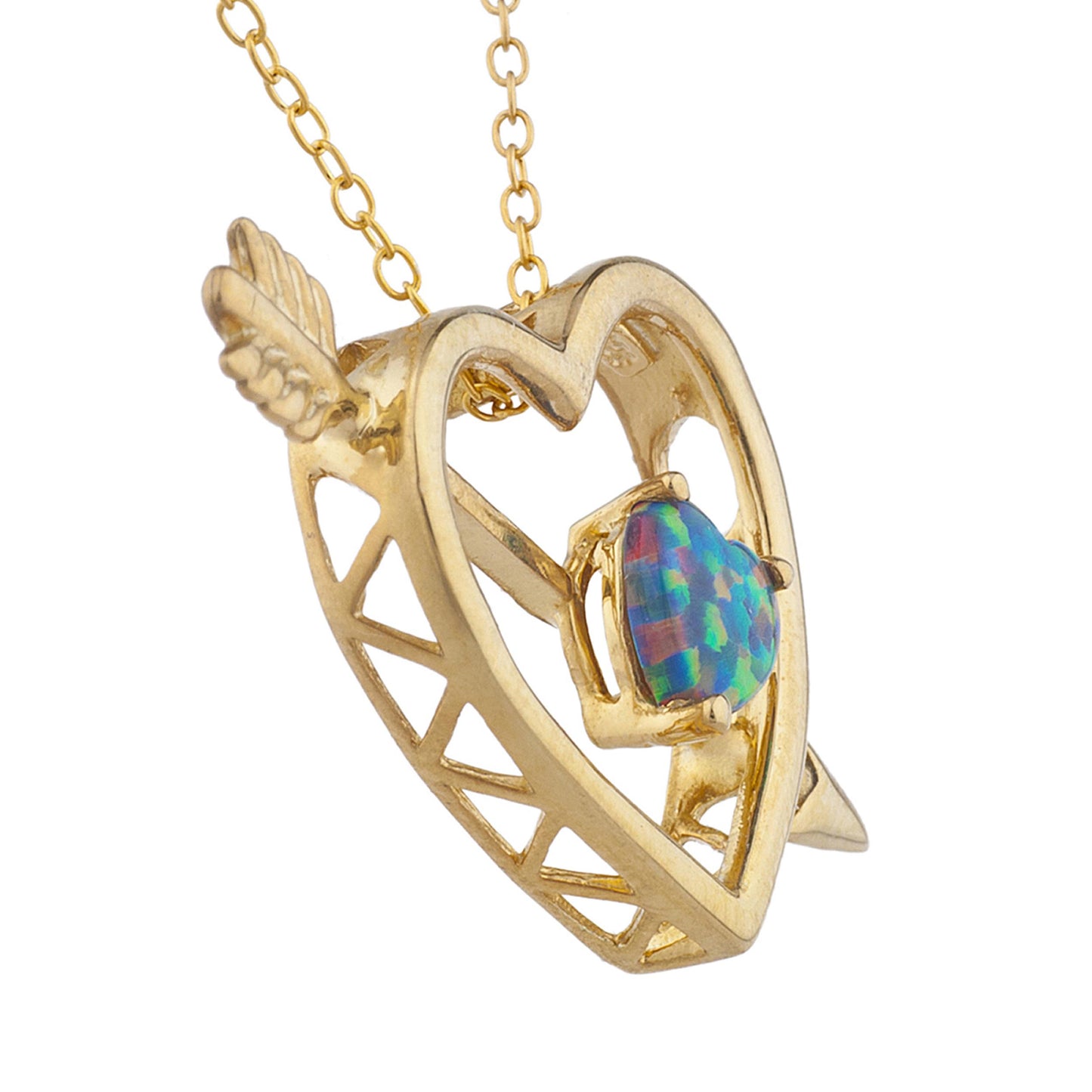 14Kt Yellow Gold Plated Black Opal Heart Bow & Arrow Pendant