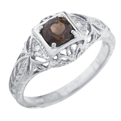 14Kt Gold Genuine Smoky Topaz & Diamond Design Round Ring