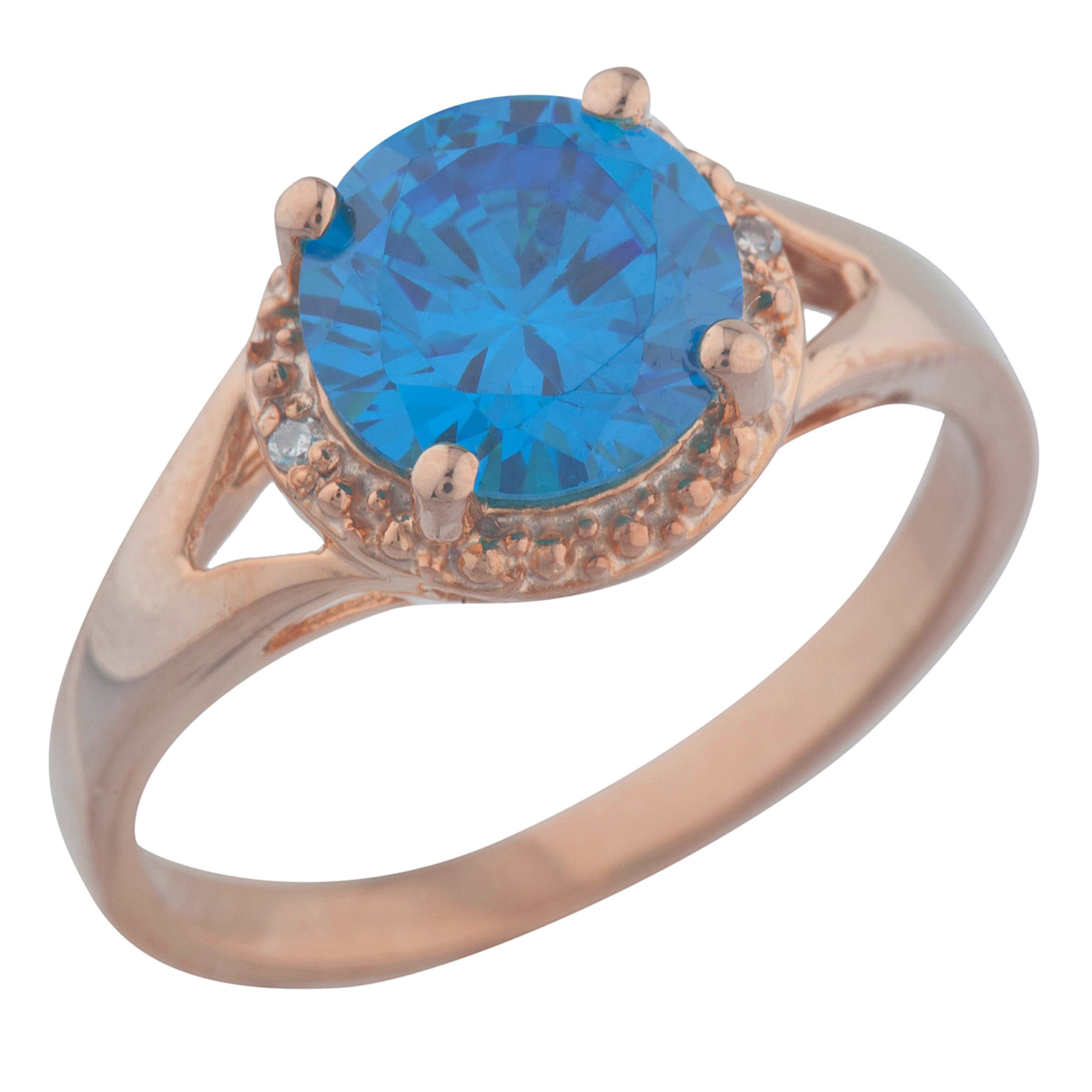 14Kt Gold 2 Ct Swiss Blue Topaz & Diamond Halo Design Round Ring