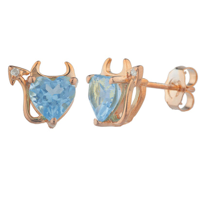 Blue Topaz & Diamond Devil Heart Stud Earrings 14Kt Rose Gold Plated