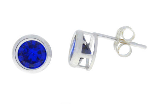 14Kt White Gold Blue Sapphire Bezel Round Stud Earrings