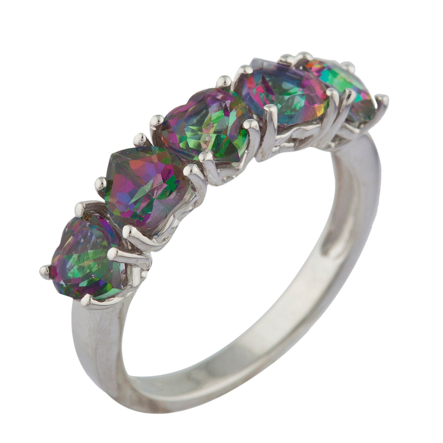 5 Hearts Genuine Mystic Topaz Heart Ring .925 Sterling Silver Rhodium Finish