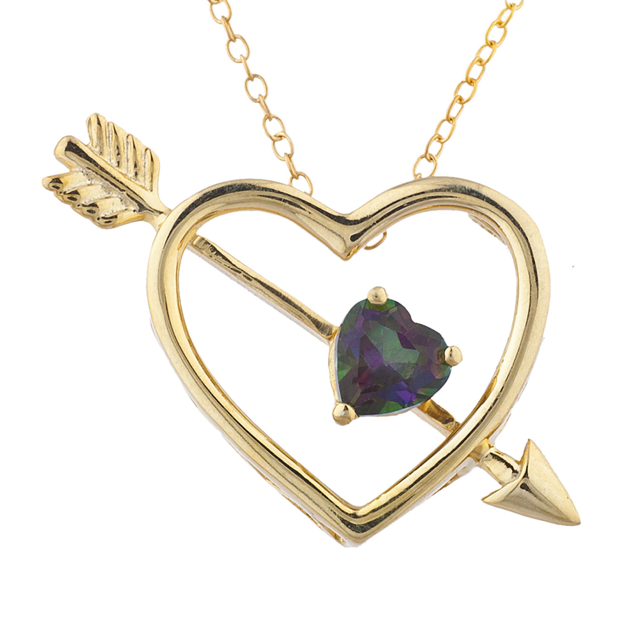 14Kt Gold Natural Mystic Topaz Heart Bow & Arrow Pendant Necklace