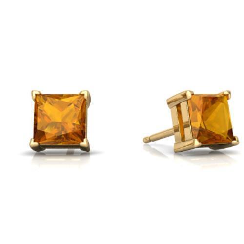 14Kt Yellow Gold Citrine Princess Cut Stud Earrings