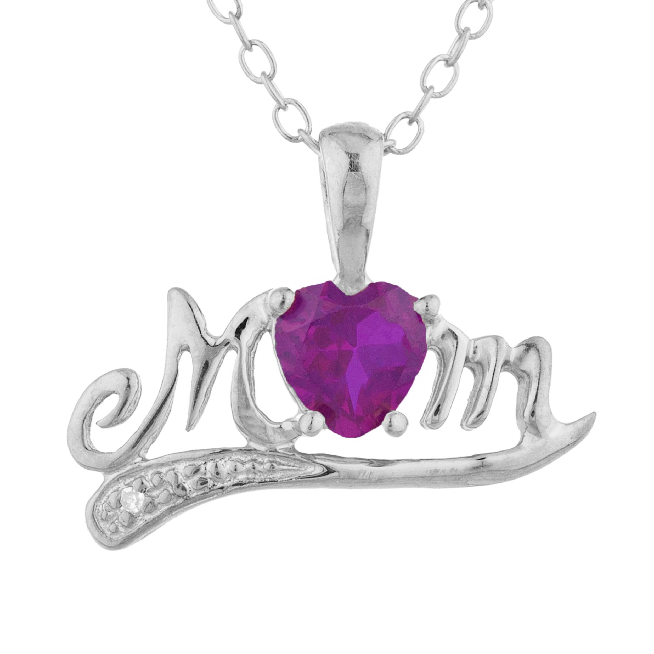 14Kt Gold Created Ruby & Diamond Heart Mom Pendant Necklace