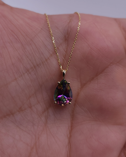 14Kt Gold Mystic Topaz Teardrop Pendant Necklace