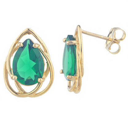 14Kt Yellow Gold Plated Emerald Pear Teardrop Design Stud Earrings