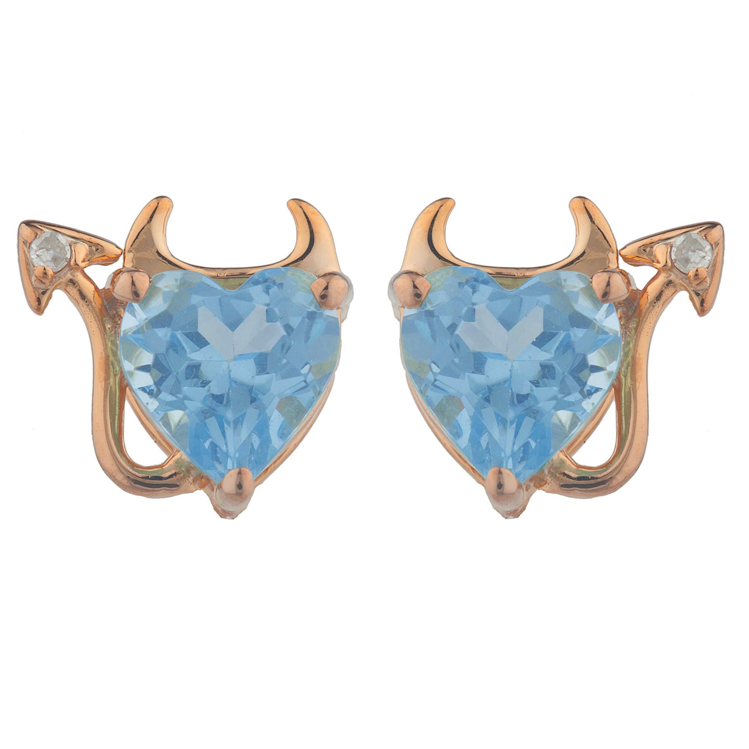14Kt Gold Blue Topaz & Diamond Devil Heart Stud Earrings