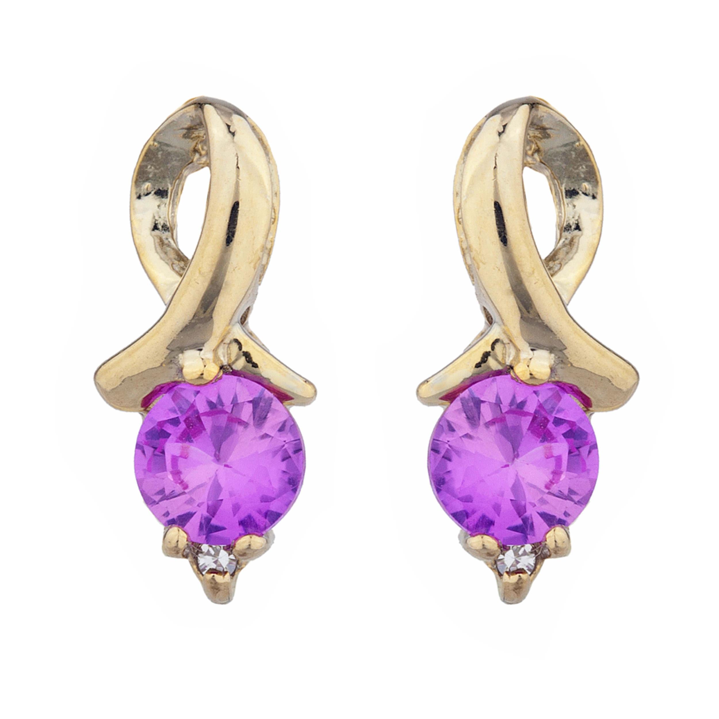 14Kt Gold Pink Sapphire & Diamond Round Design Stud Earrings