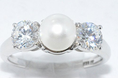 7mm White Freshwater Pearl & White Topaz Ring .925 Sterling Silver Rhodium Finish