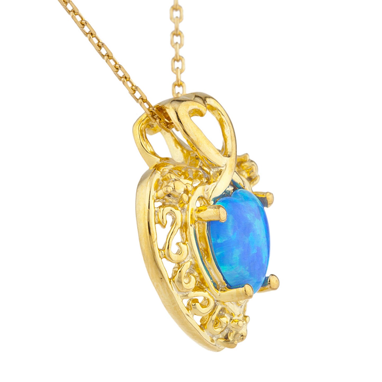 14Kt Gold Blue Opal Heart Design Pendant Necklace