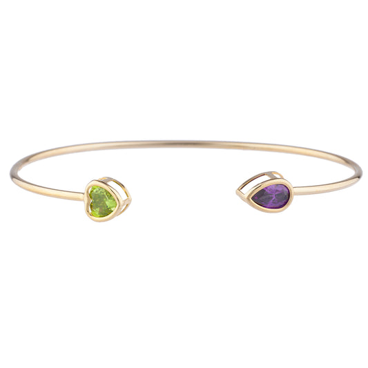 14Kt Gold Peridot Heart & Alexandrite Pear Bezel Bangle Bracelet