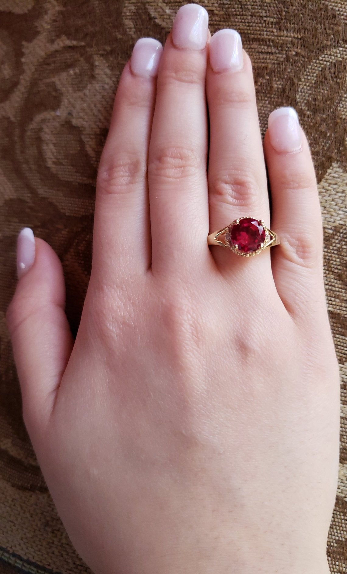 14Kt Gold 2 Ct Created Ruby & Diamond Halo Design Round Ring