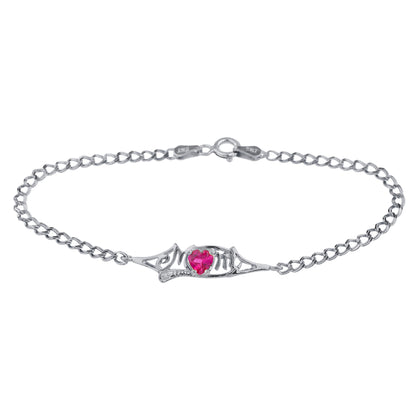 Created Ruby & Diamond Heart Mom Bracelet .925 Sterling Silver