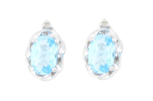 1 Ct Blue Topaz & Diamond Oval Stud Earrings .925 Sterling Silver