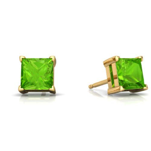 2 Ct Peridot Princess Cut Stud Earrings 14Kt Yellow Gold