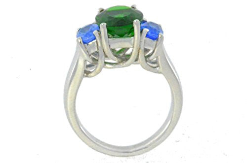 4 Ct Created Emerald & Tanzanite Oval Ring .925 Sterling Silver Rhodium Finish