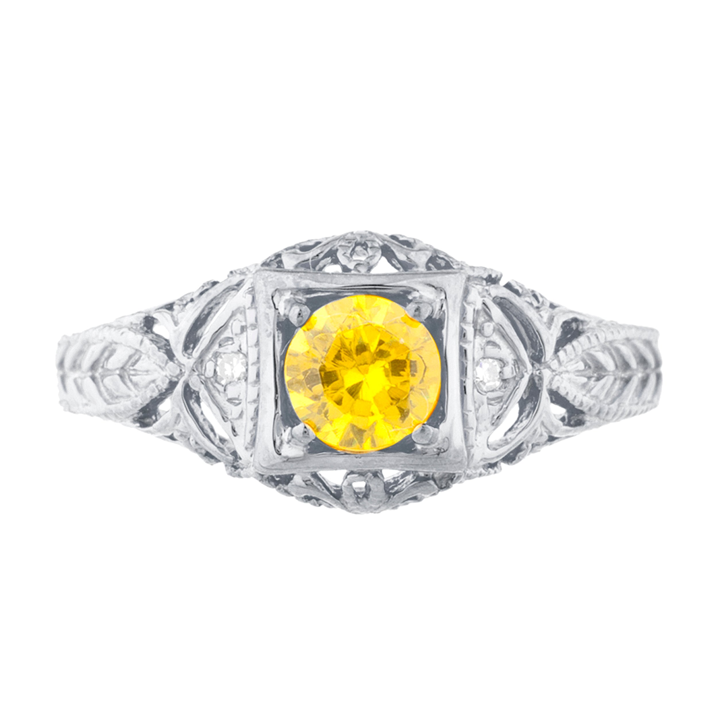 14Kt Gold Yellow Citrine & Diamond Design Round Ring