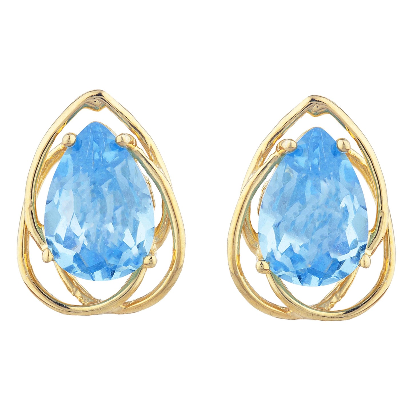 14Kt Yellow Gold Plated Blue Topaz Pear Teardrop Design Stud Earrings