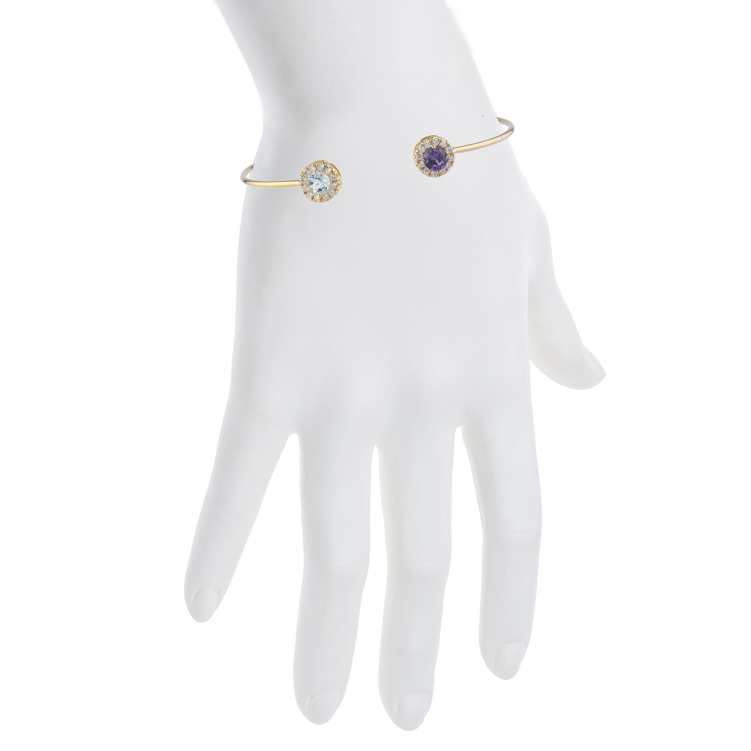 1 Ct Aquamarine & Alexandrite Halo Design Round Bangle Bracelet 14Kt Yellow Gold Rose Gold Silver