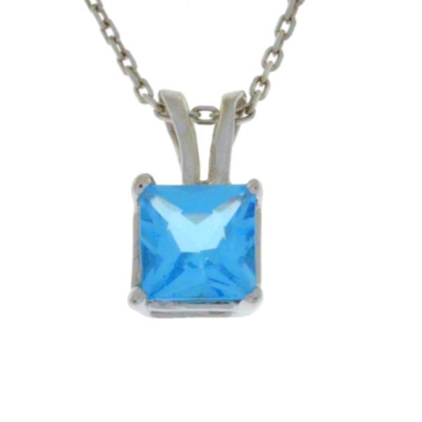 14Kt Gold Blue Topaz Princess Cut Pendant Necklace