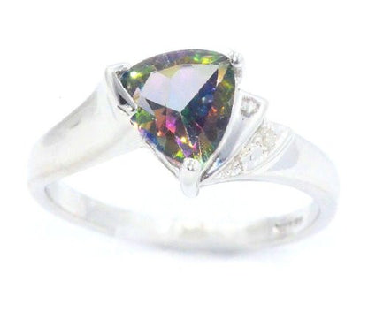 1.5 Ct Mystic Topaz & Diamond Trillion Ring .925 Sterling Silver Rhodium Finish