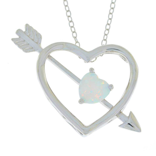 Opal Heart Bow & Arrow Pendant .925 Sterling Silver Rhodium Finish