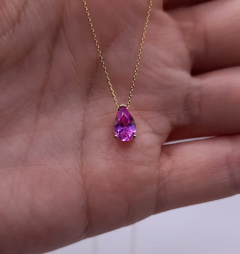 14Kt Gold Pink Sapphire Teardrop Necklace Pendant