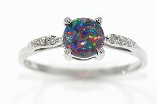 6mm Black Opal & Diamond Round Ring .925 Sterling Silver Rhodium Finish