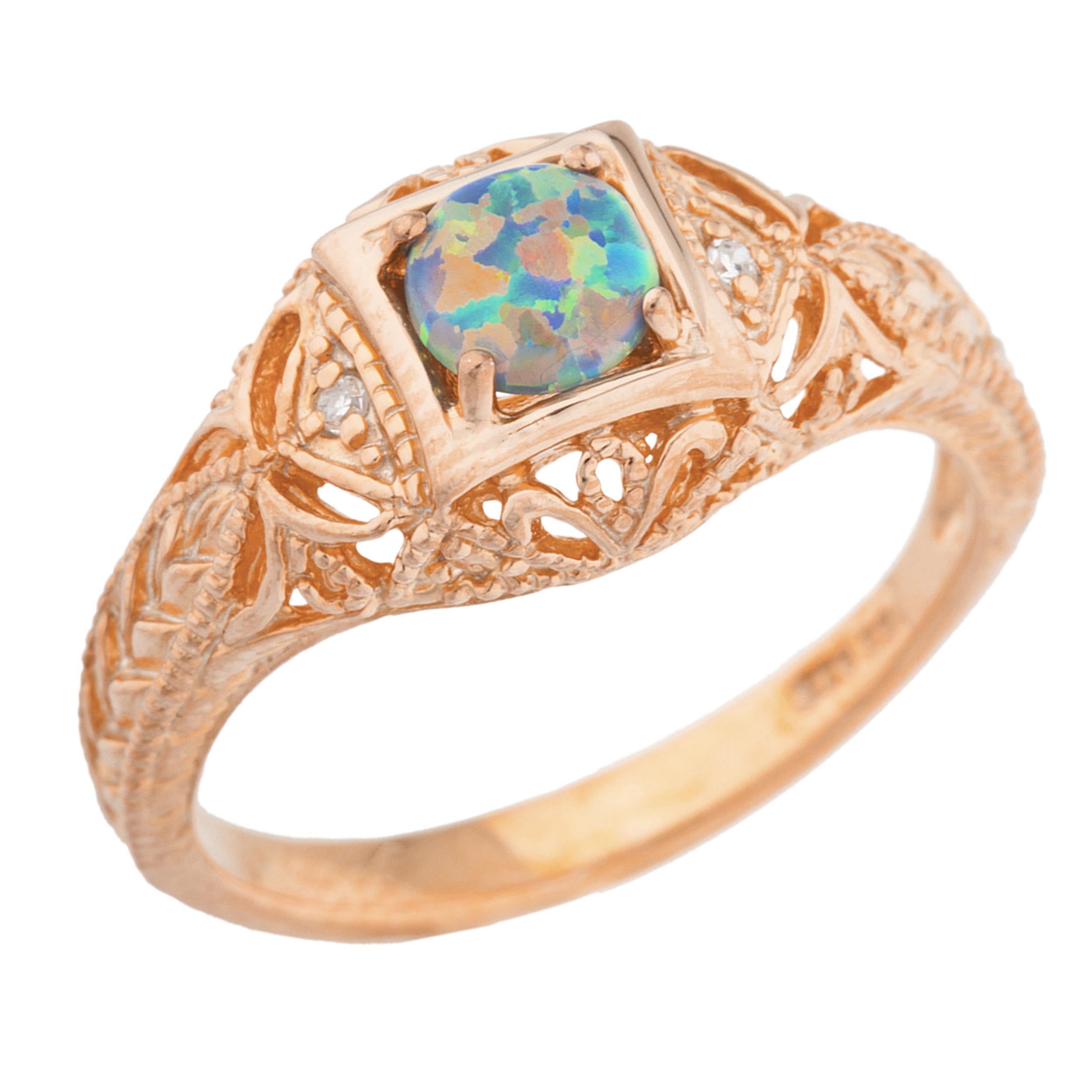 14Kt Gold Black Opal & Diamond Design Round Ring