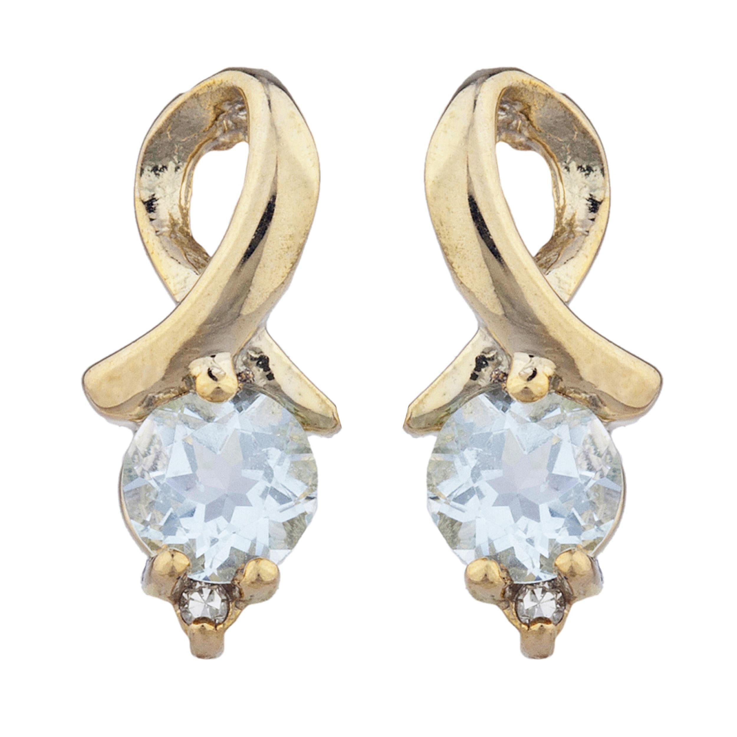 14Kt Gold Aquamarine & Diamond Round Design Stud Earrings