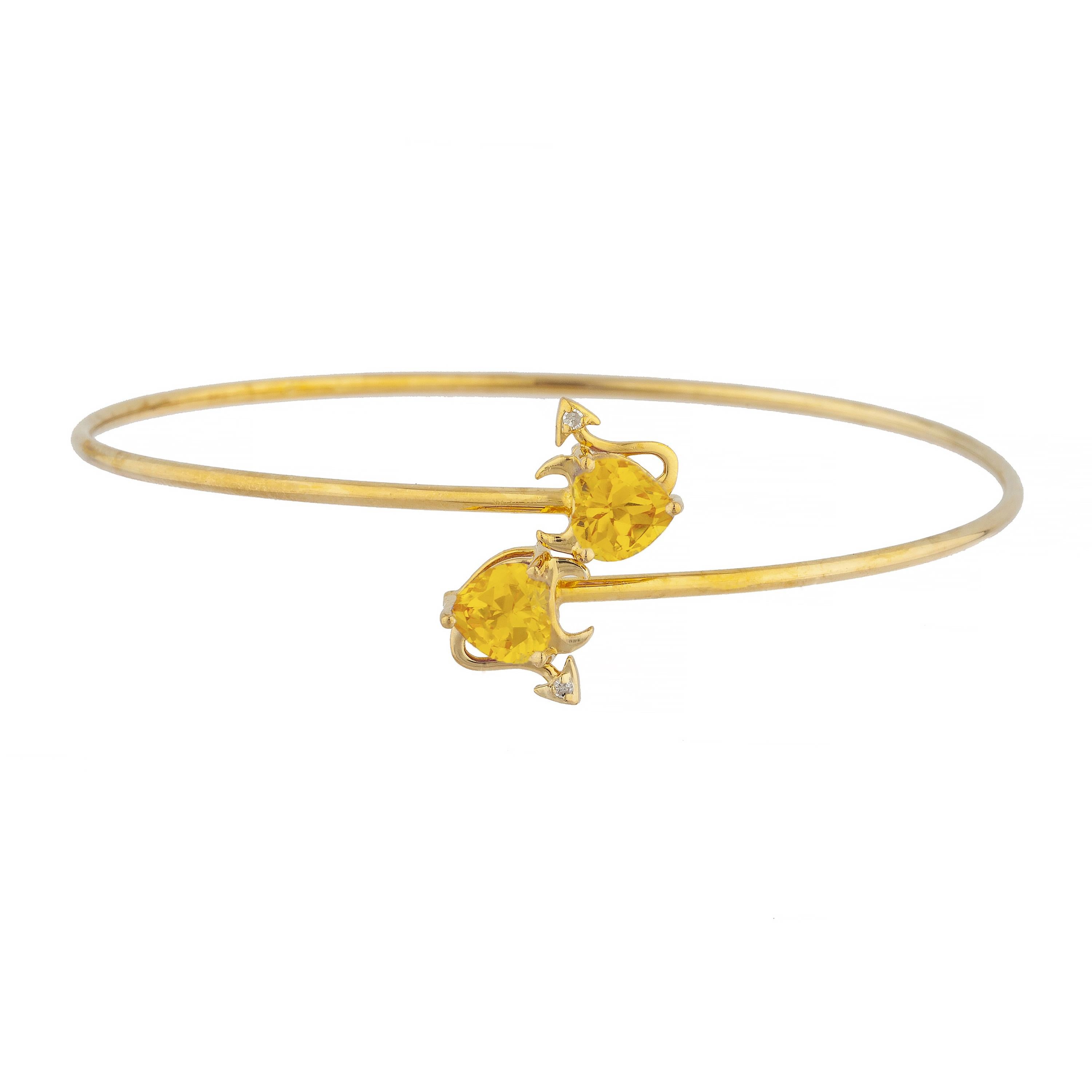 14Kt Gold Yellow Citrine & Diamond Devil Heart Bangle Bracelet