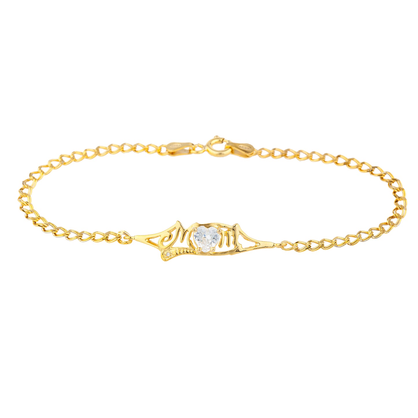 White Sapphire & Diamond Heart Mom Bracelet 14Kt Yellow Gold Plated Over .925 Sterling Silver