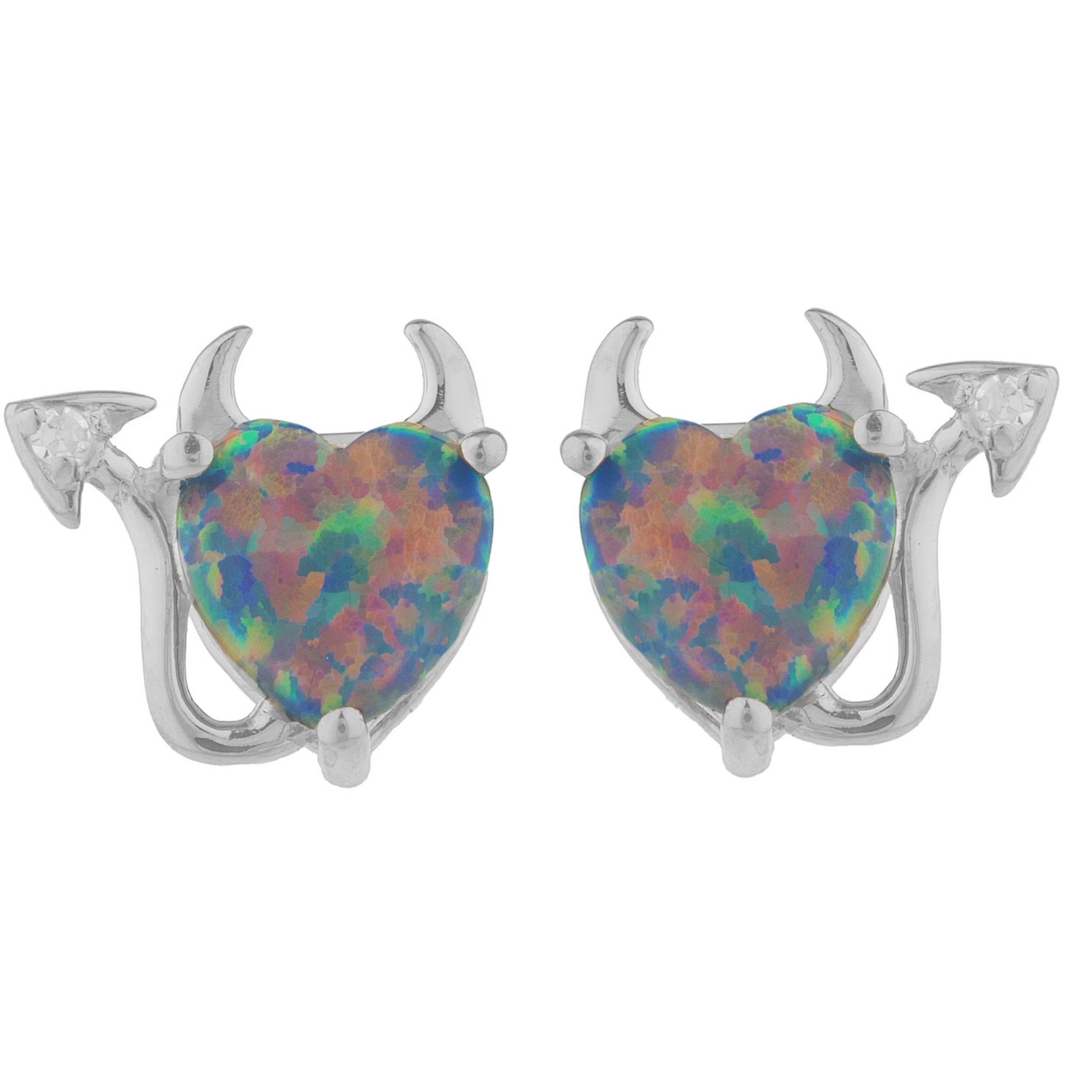 14Kt Gold Black Opal & Diamond Devil Heart Stud Earrings