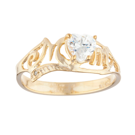 White Sapphire & Diamond Heart Mom Ring 14Kt Yellow Gold Plated Over .925 Sterling Silver