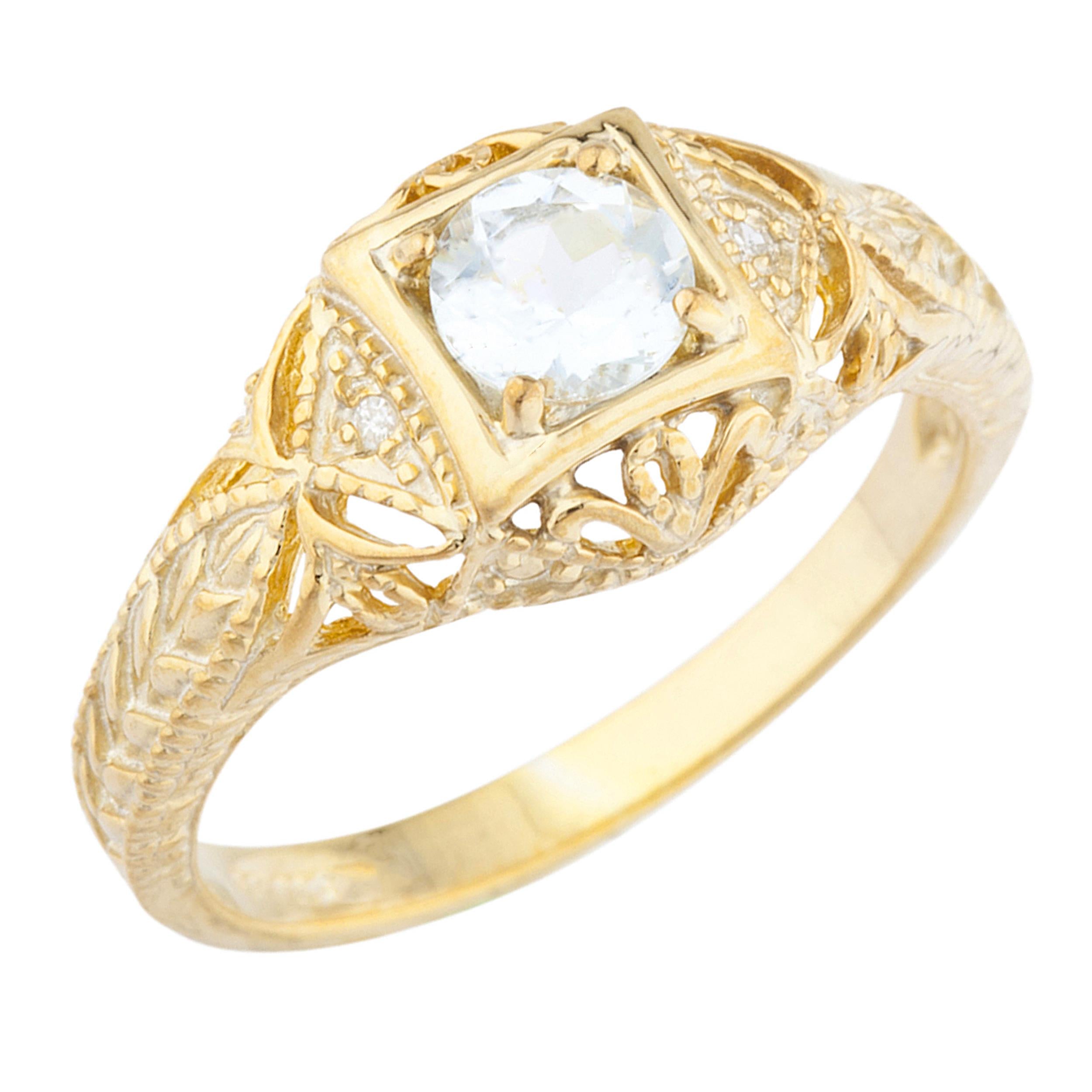 14Kt Gold Genuine Aquamarine & Diamond Design Round Ring