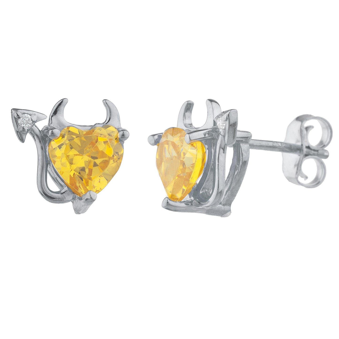 Yellow Citrine & Diamond Devil Heart Stud Earrings .925 Sterling Silver