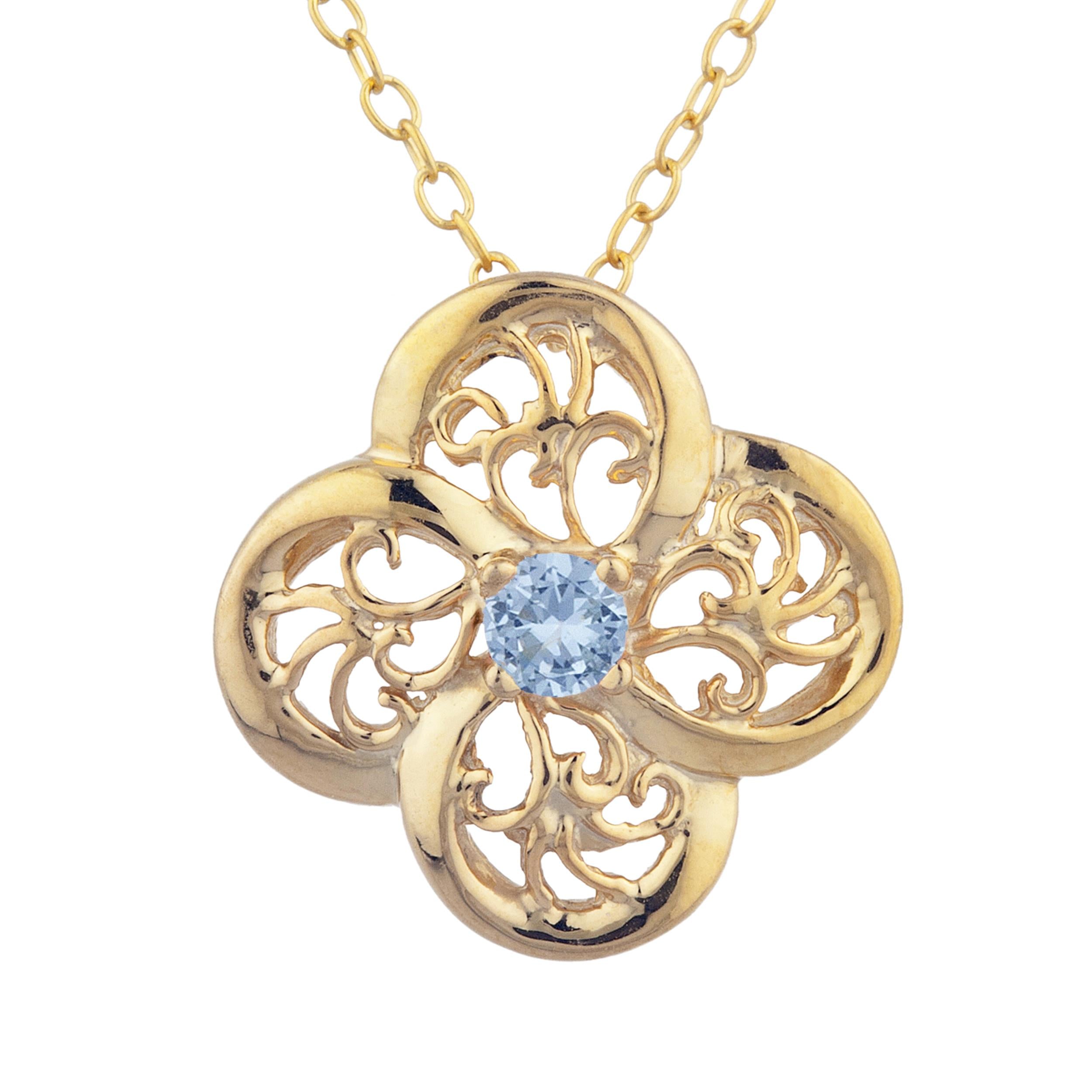 14Kt Gold Genuine Aquamarine Clover Design Pendant Necklace