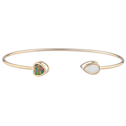 Black Opal Heart & White Opal Pear Bezel Bangle Bracelet 14Kt Yellow Gold Plated Over .925 Sterling Silver