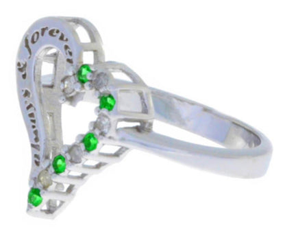 Emerald & Diamond 'Always & Forever' Engraved Heart Ring .925 Sterling Silver