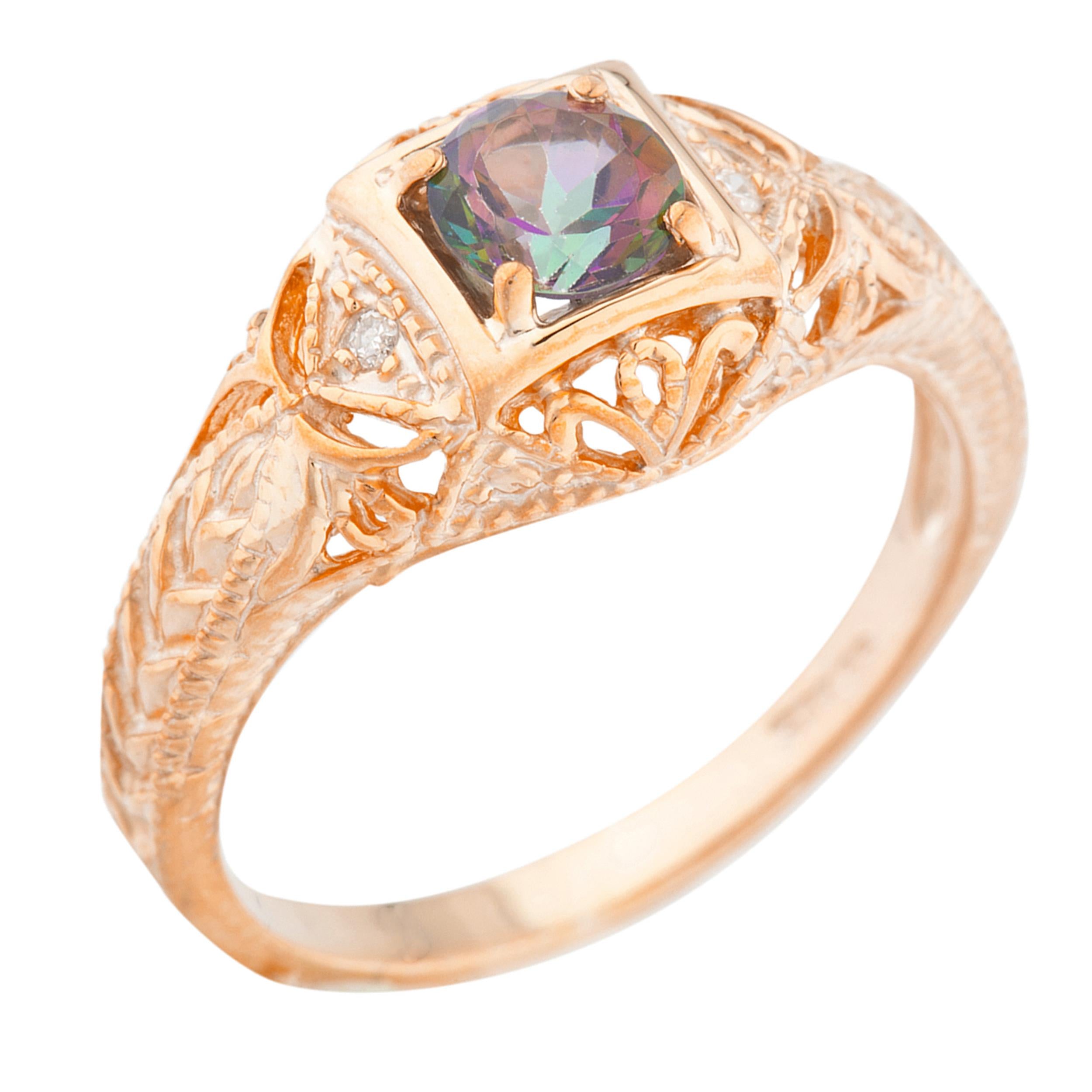 14Kt Gold Natural Mystic Topaz & Diamond Design Round Ring
