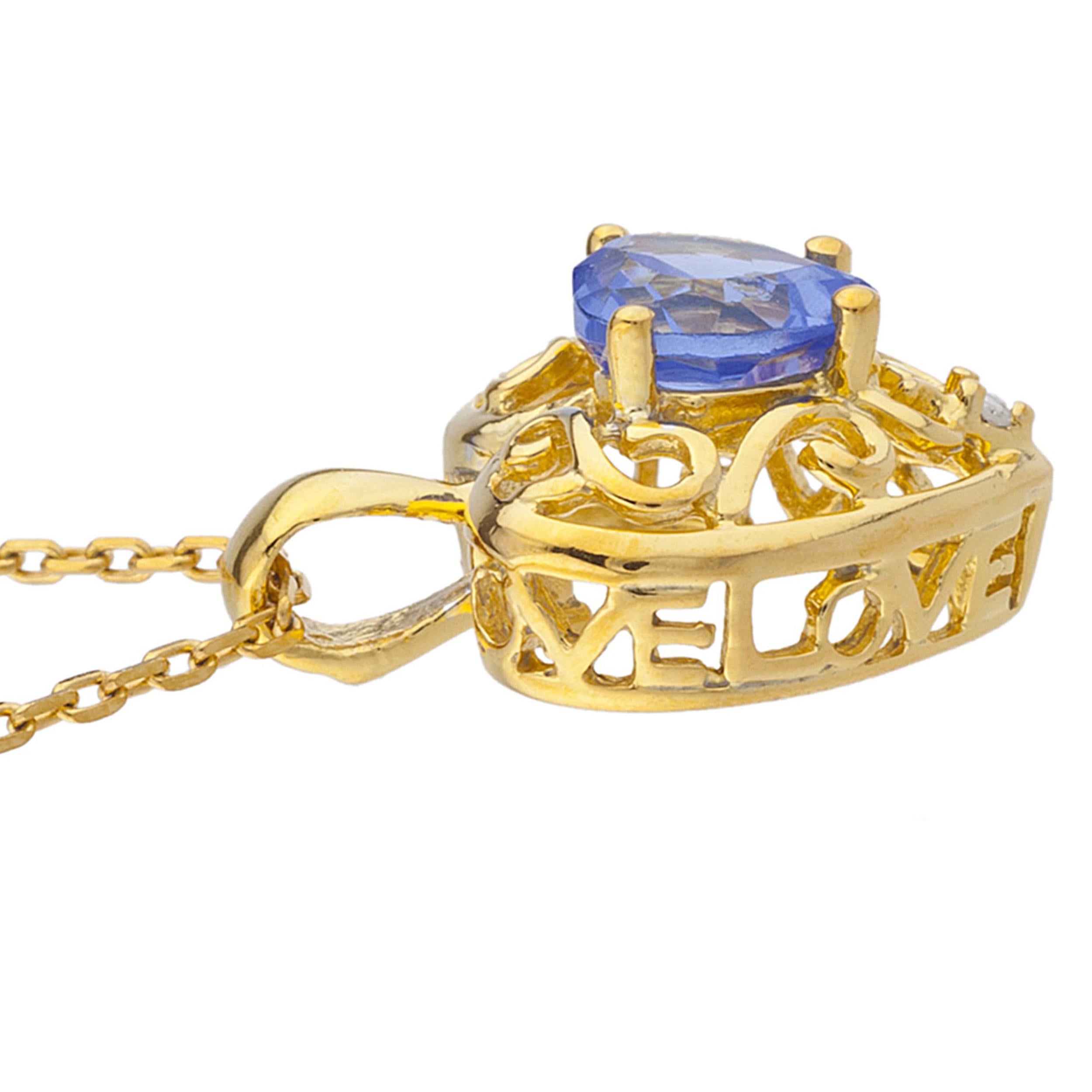 14Kt Gold Tanzanite & Diamond Heart LOVE ENGRAVED Pendant Necklace