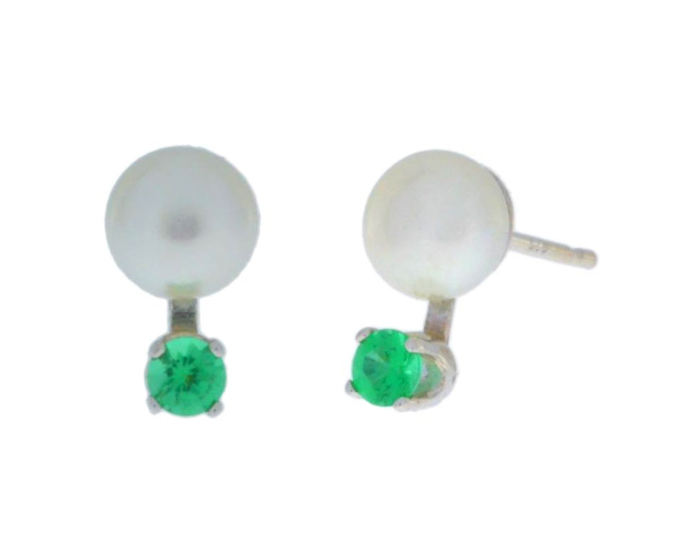 Emerald & White Pearl Stud Earrings .925 Sterling Silver