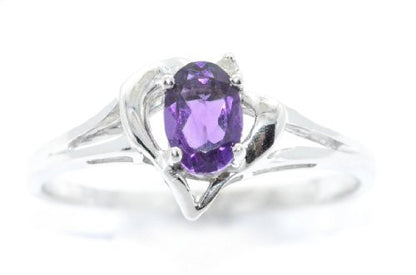 0.50 Ct Amethyst & Diamond Oval Heart Ring .925 Sterling Silver Rhodium Finish