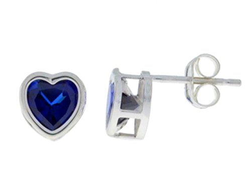 14Kt White Gold Blue Sapphire Heart Bezel Stud Earrings