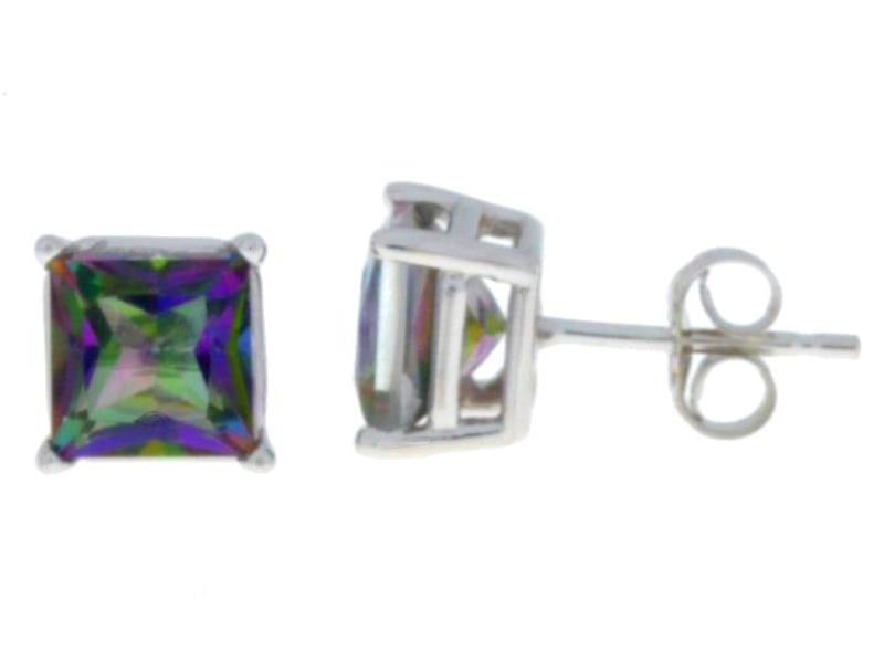 2 Ct Natural Mystic Topaz Princess Cut Stud Earrings 14Kt White Gold
